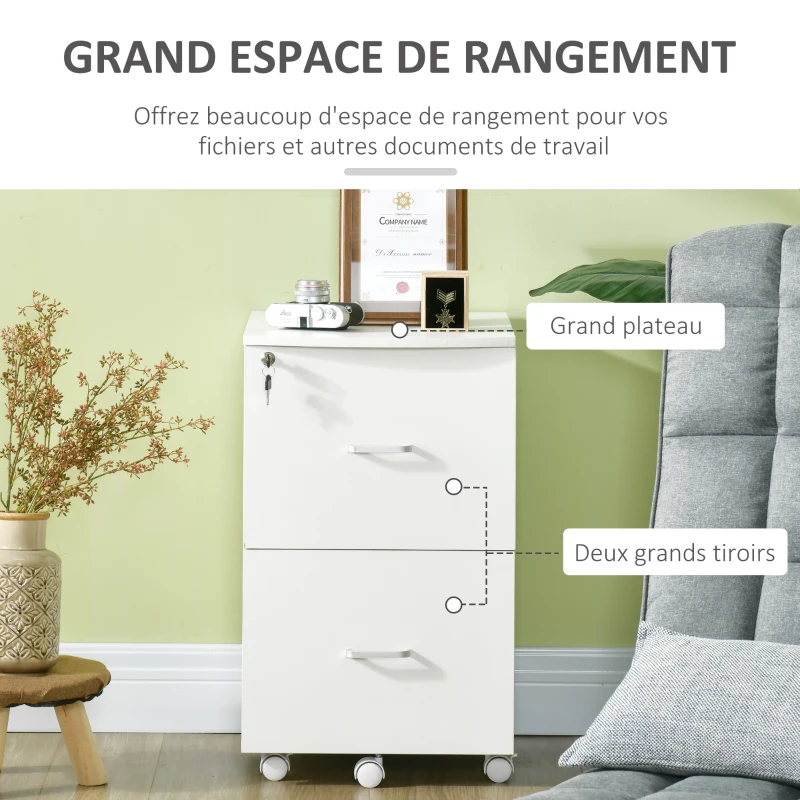 Vinsetto Caisson de bureau rangement sur roulettes dossier meuble armoire de bureau 2 tiroirs verrouillables en MDF panneaux de particules dim. 43L x 45l x 72H cm blanc
