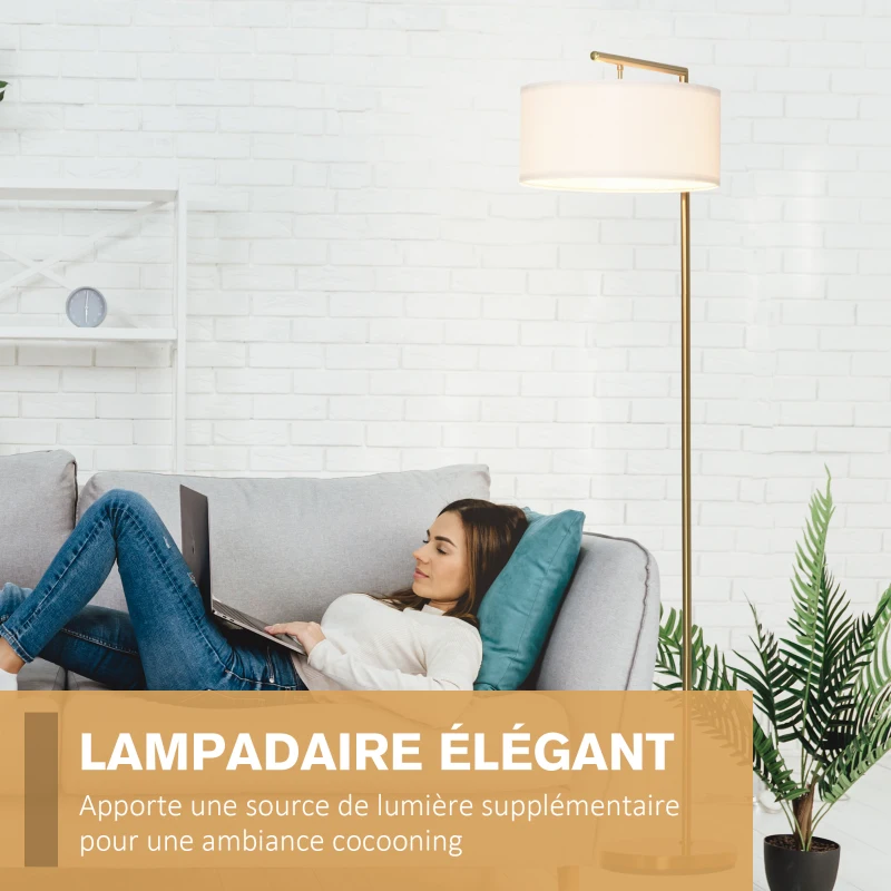HOMCOM Lampadaire lampe à pied abat-jour en tissu de lin base ronde stable pour salle bureau chambre à coucher 47 x 37 x 153 cm or et blanc
