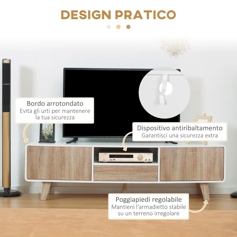 HOMCOM Mobile Porta TV Con Ante e Cassetto, Mobiletto da Salotto per TV fino a 72''in MDF, 160x40x45cm Bianco e Legno