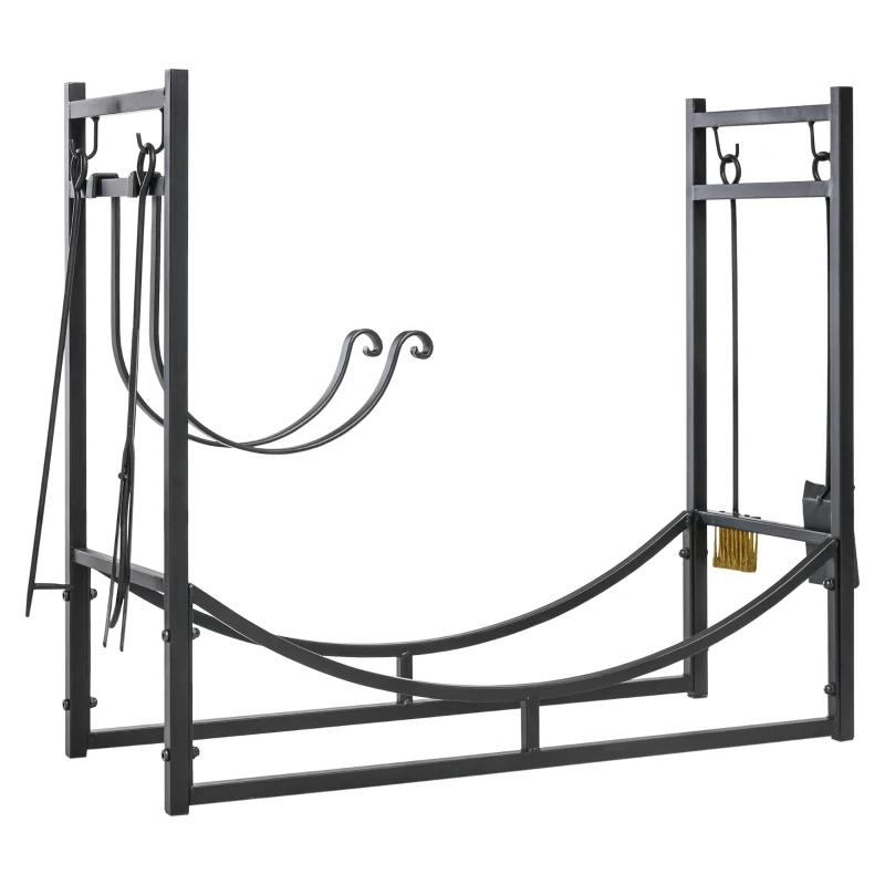 Outsunny Porte bûches - Range bûches Serviteur de cheminée - Multi Accessoires étagère bûche et Petit Bois métal Noir