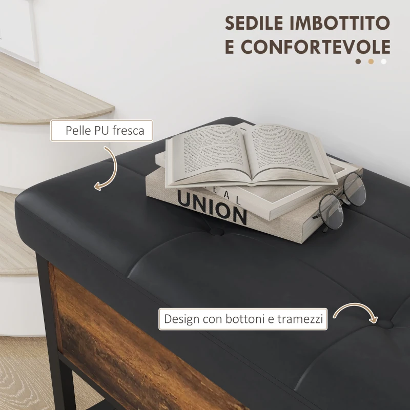 HOMCOM Panca Scarpiera da Ingresso Industriale con Ripiano Nascosto, in Truciolato e Acciaio, 100x40x50 cm, Marrone e Nero