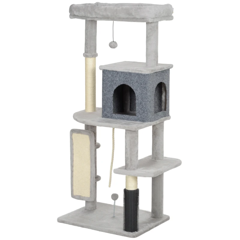 PawHut 132cm Cat Tree w/ Scratching Posts, Pad, Cat Bed, Cat House, Jumping Platform, Grooming Brush, Anti-Tip Kit, Light Grey