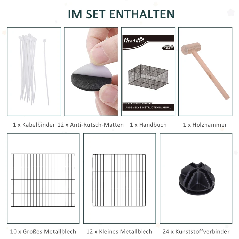 PawHut Kleintiergehege kleintierkäfig Freigehege DIY Metall Kleintiere Multi-Winkel-Verbindungen Anti-Rutsch-Matte öffenbar 22 Platten Schwarz 105 x 70 x 45 cm