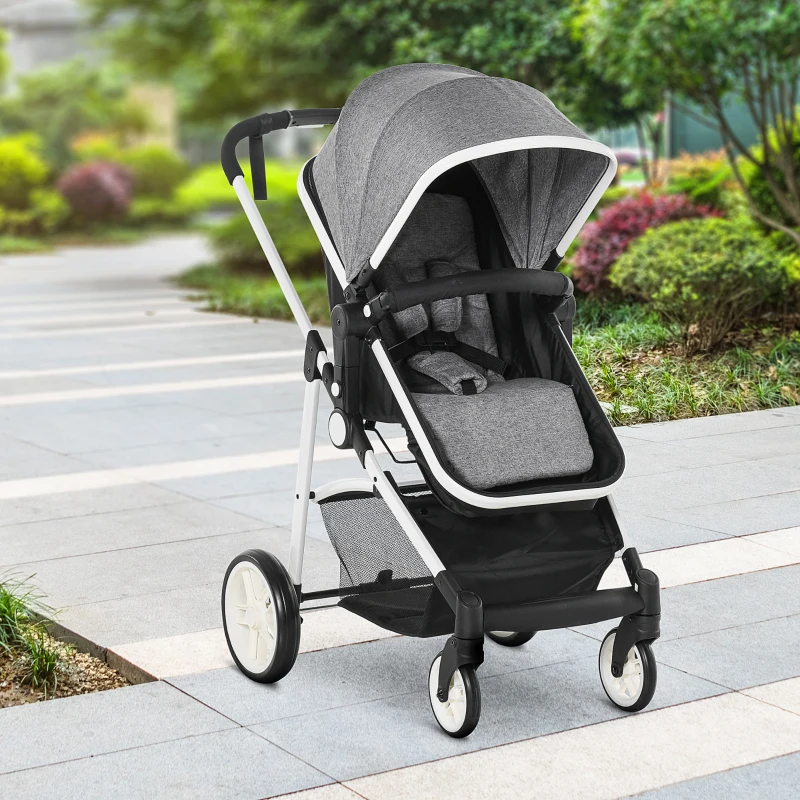 HOMCOM Silla de Paseo 2 en 1 Cochecito de Bebé y Capazo para Niños de 0-36 Meses con Capota Plegable Respaldo Reclinable Cesta Grande Palanca de Freno Carga 15kg 80x51x102 cm Gris