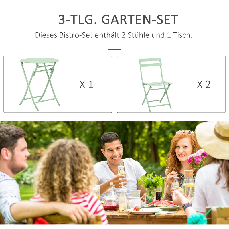 Outsunny Gartenset für 2 Personen Garnitur Balkonmöbel Set Bistrotisch mit 2 Stühlen  für Hof Garten klappbar Grün