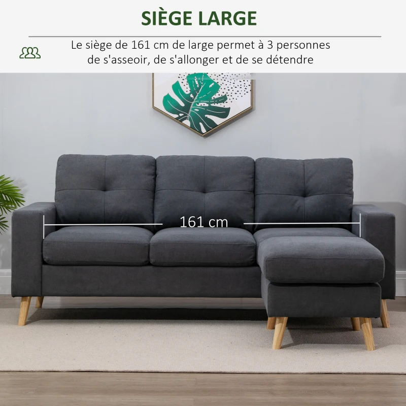 HOMCOM Canapé droit 3 places et pouf modulable avec accoudoirs design scandinave 193 x 136 x 85 cm gris anthracite