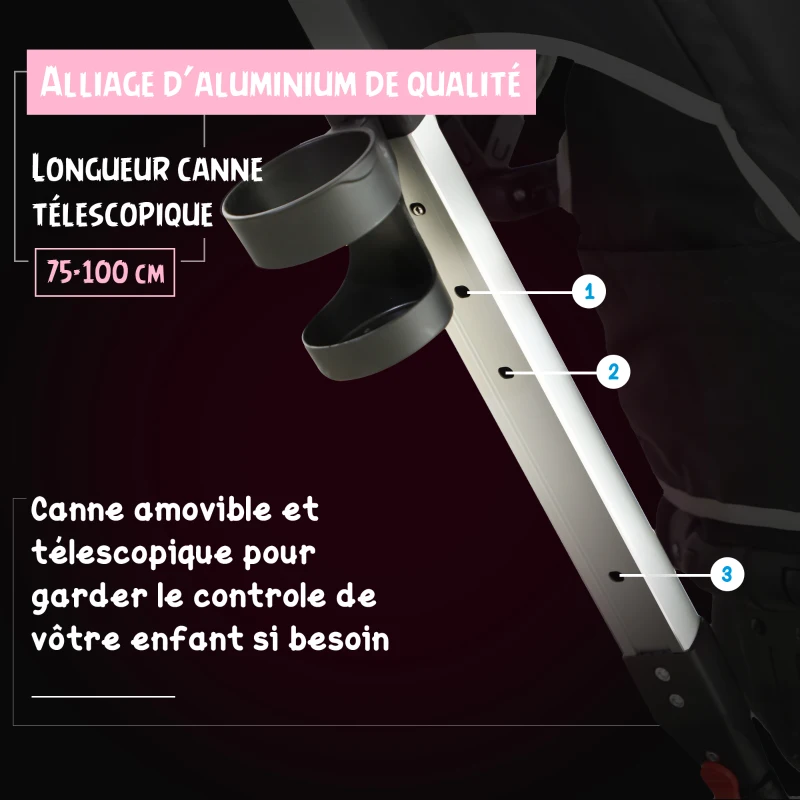 HOMCOM Tricycle enfant évolutif pare-soleil pliable canne télescopique amovible 115L x 54l x 96H cm métal rose blanc noir