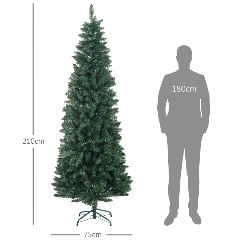 HOMCOM Árbol de Navidad Tipo Lápiz 210 cm con Base Plegable y 687 Ramas para Dormitorio Oficina Verde