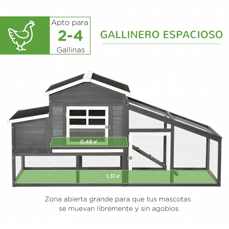 PawHut Gallinero de Madera Exterior Jaula para 2-4 Gallinas con Corral de Alambre Techos Asfálticos Nido Bandeja Extraíble y Rampa 200x80x105 cm Gris