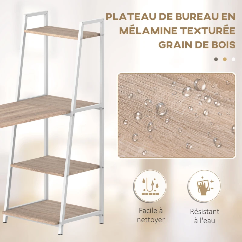 HOMCOM Bureau Pliable Rabattable - Bureau bibliothèque 2 en 1-4 étagères - Imitation Bois chêne Clair métal Blanc