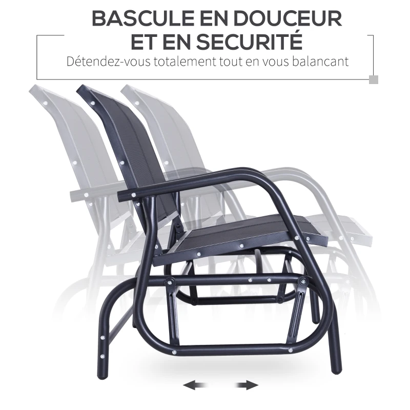 Outsunny Banc à Bascule de Jardin 2 Places Design Contemporain Grand Confort accoudoirs Assise et Dossier Ergonomique métal textilène Noir