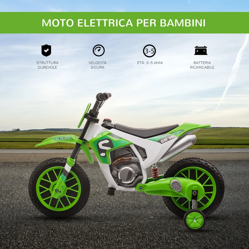 HOMCOM Moto da Cross Elettrica per Bambini con Rotelle, in PP e Metallo, 106.5x51.5x68 cm, Verde