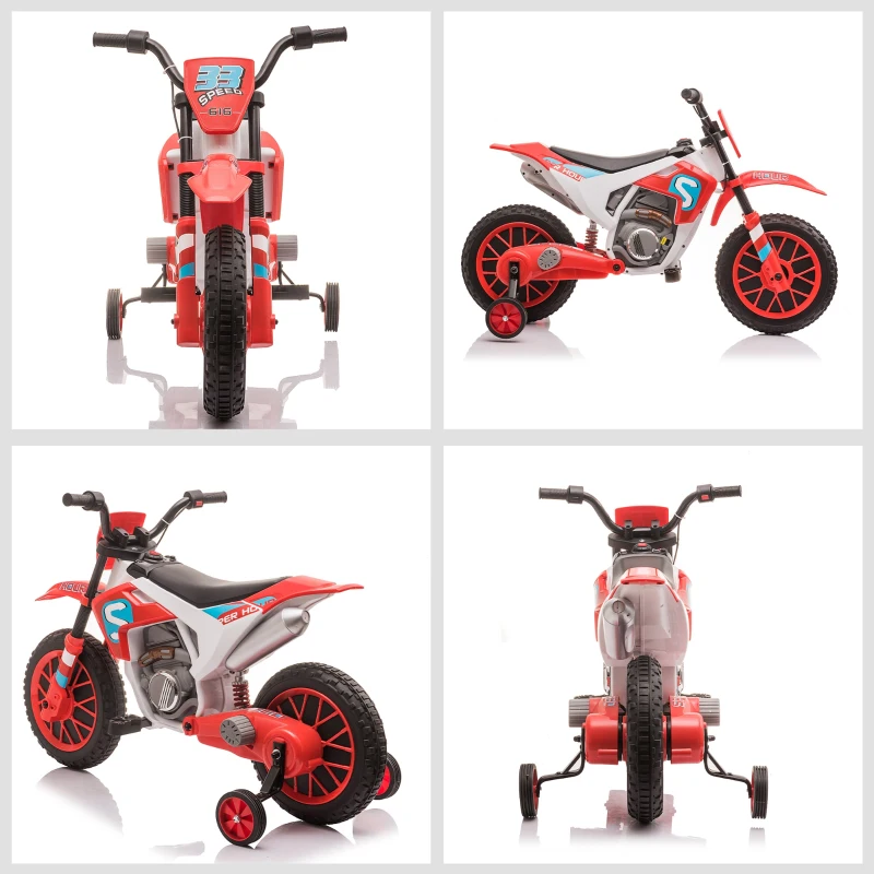 HOMCOM Moto Cross électrique Enfant 3 à 5 Ans 12 V 3-8 Km/h avec roulettes latérales Amovibles dim. 106,5L x 51,5l x 68H cm Rouge(m-8)