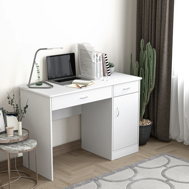 HOMCOM Scrivania Moderna per PC e Computer con 2 Cassetti e 1 Armadietto, Scrivania con Libreria Salvaspazio per Ufficio o Camera in Legno, Bianco