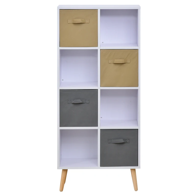 HOMCOM Armadietto Libreria in Legno Bianco 8 Ripiani e 4 Cassetti Pieghevoli in Tessuto Grigio e Marrone 54.5x24x122.5cm