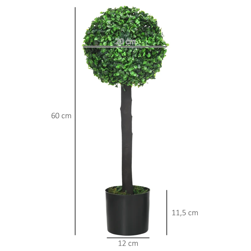 HOMCOM Lot de 2 plantes boules de buis artificiel avec tronc et pot inclus - hauteur 60 cm