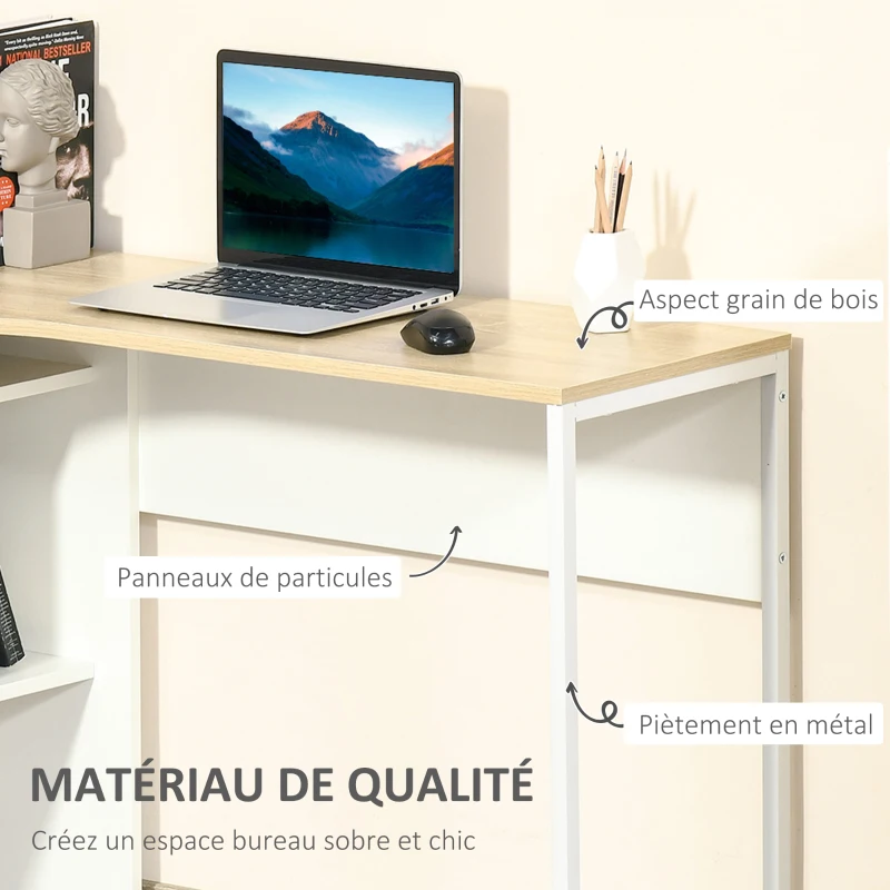 HOMCOM Bureau d'angle avec 2 tiroirs, 120 x 60 cm, bureau en L avec 3 compartiments ouverts, table informatique pour étudier, travailler, chambre, maison, aspect chêne clair