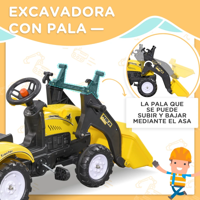 HOMCOM Tractor a Pedales para Niños de 3 Años Excavadora Infantil con Remolque Extraíble y Pala Delantera 167x41x52 cm Amarillo