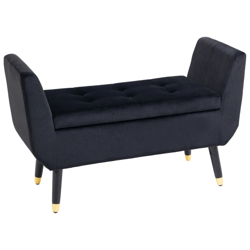 HOMCOM Sitzbank mit Stauraum Armlehnen Polsterbank mit Samtoptik, Sitztruhe mit Holzbeine, Truhenbank für Wohnzimmer Schlafzimmer Flur 107 x 42 x 65 cm, Schwarz