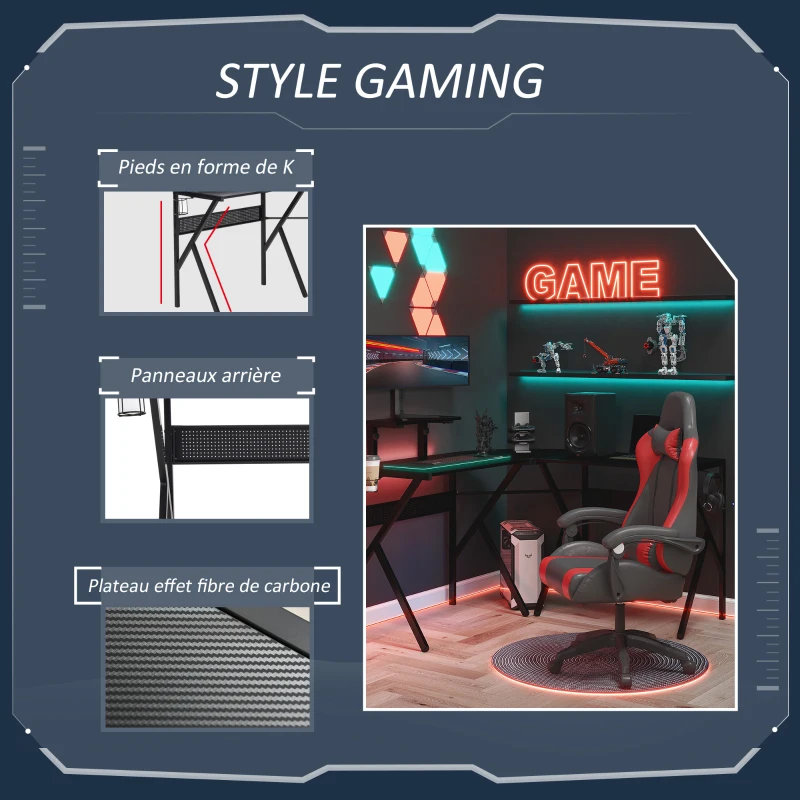 HOMCOM Bureau gaming bureau d'angle bureau gamer 125 x 125 cm en forme de L avec plateau en fibre de carbone, support d'écran porte-gobelet et crochet pour casque, noir