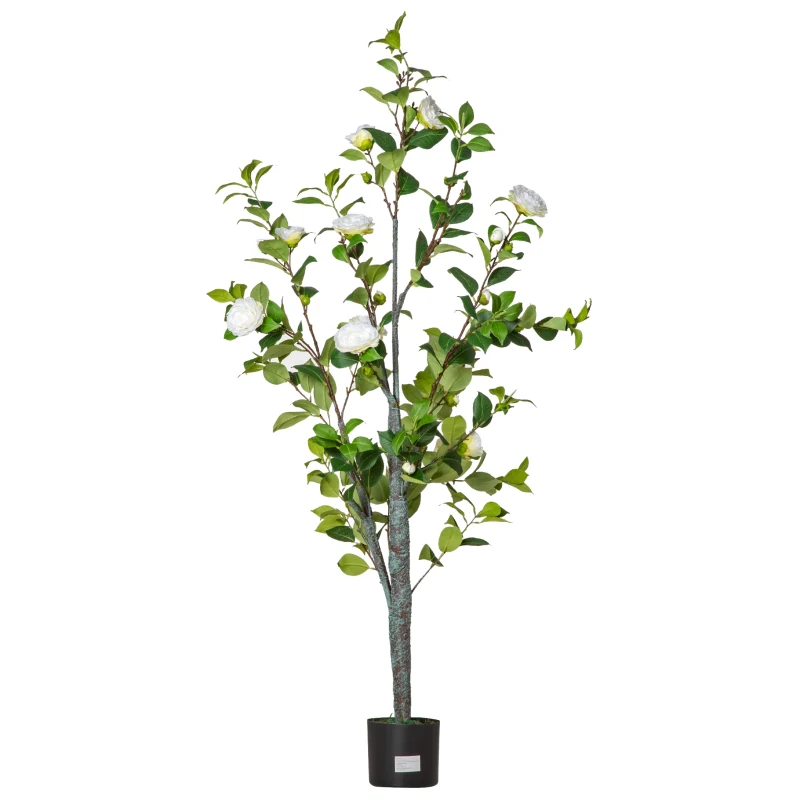 HOMCOM Pianta Finta Albero Camelia con Vaso e 25 Fiori per Interno ed Esterno, Altezza 150cm