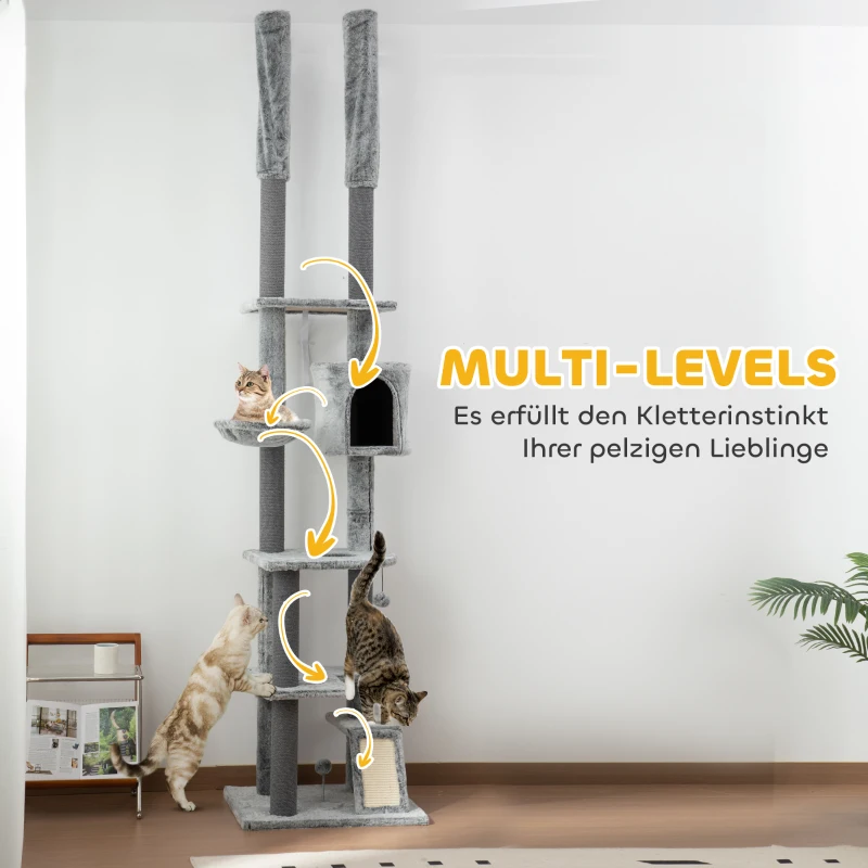 PawHut Kratzbaum, 4 Etagen, deckenhoch, verstellbar 225-255 cm, Hängematte, Haus, Grau