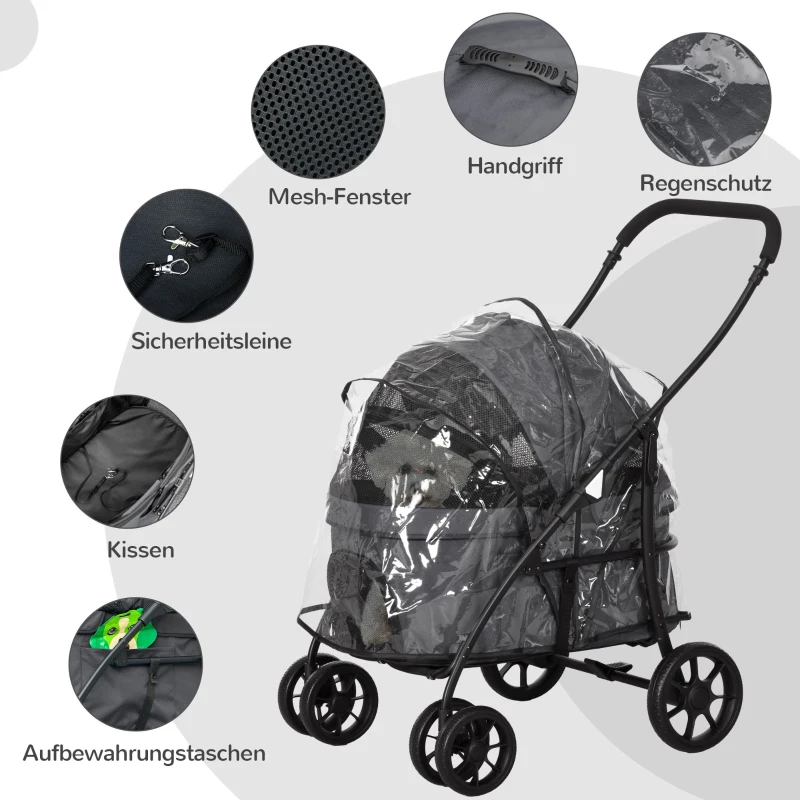 PawHut Hundebuggy Haustierwagen, klappbar, Regenschutz, 2 Sicherheitsleinen, 81x 68 x 98,5 cm, Dunkelgrau