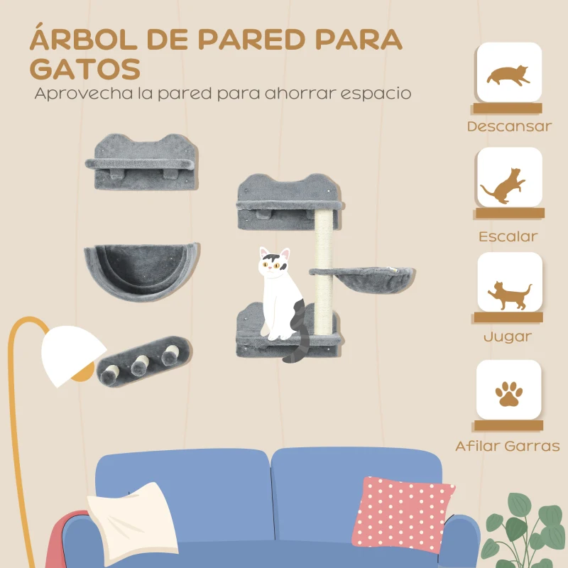 PawHut Juego de Escalada para Gatos de Pared Estantes para Gatos 4 Piezas Hamaca Nido Plataformas para Saltar Gris