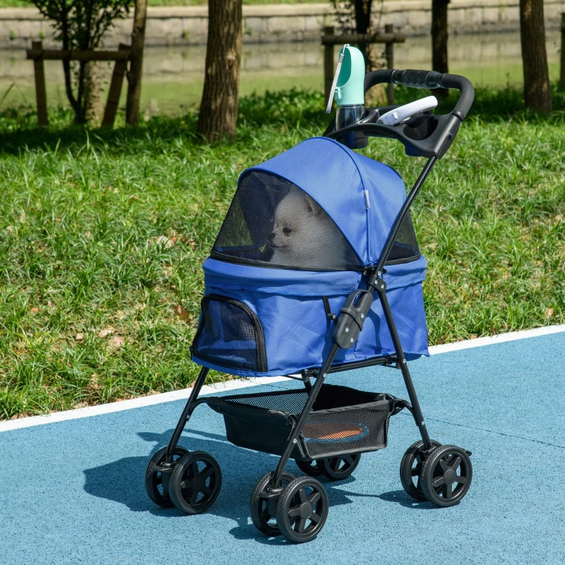 PawHut Dog Pram Dog Stroller Foldable Pet Pushchair with 4 Wheels, Safety Leashes, Cup Holder for Small Dogs, Blue