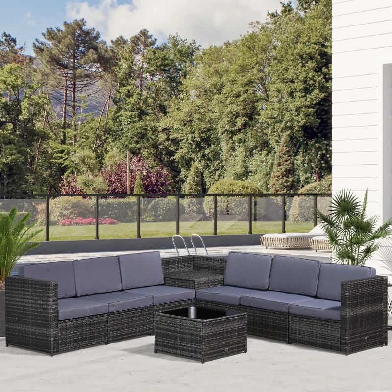 Outsunny 8-tlg. Polyrattan Gartengarnitur Gartenmöbel Garten-Set Sitzgruppe Loungeset Loungemöbel Beistelltisch als Aufbewahrungskorb Dunkelgrau Stahl + Polyester 58 x 58 x 37 cm