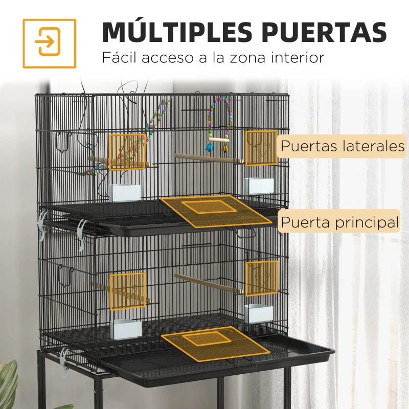 PawHut Pajarera Doble Apilable 77x46x164 cm con Ruedas Perchas Bandeja Extraíble Columpio y Escalera Negro