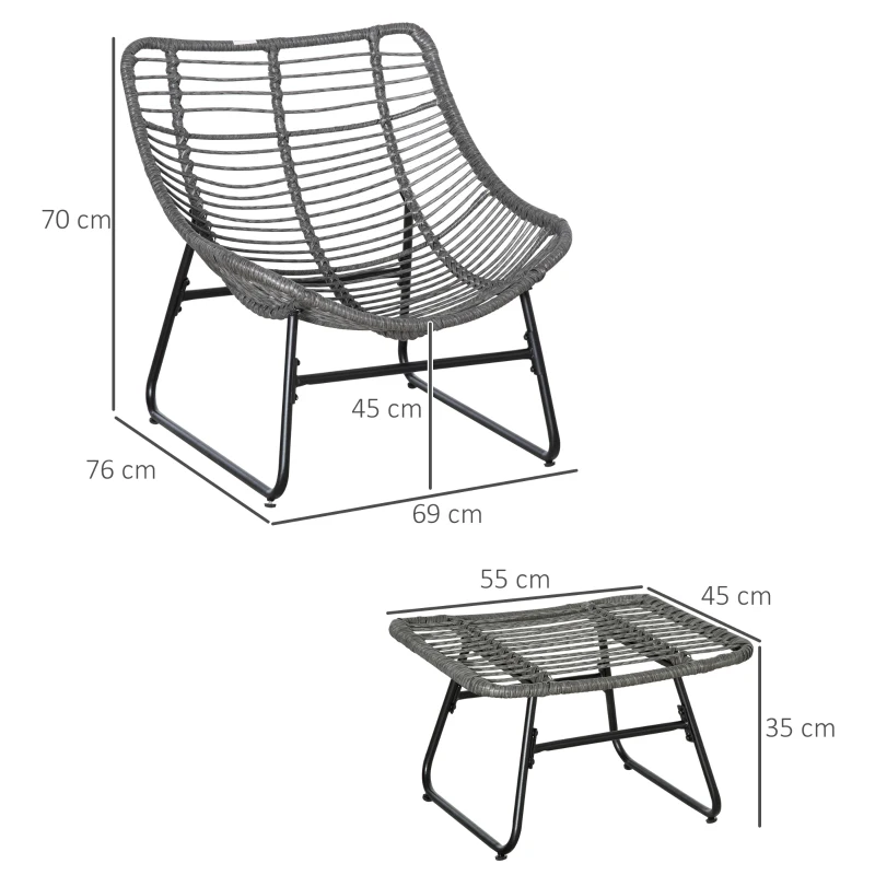 Outsunny Rattan Relaxsessel mit Fußhocker, Gartensessel mit dicke Kissen Outdoor Rattanstuhl Gartenstuhl für Garten, Balkon, Terrasse Grau