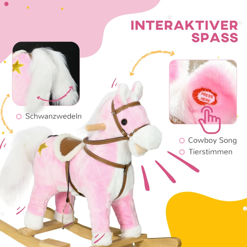 HOMCOM Schaukelpferd, Sattel mit Steigbügeln, Soundeffekte, Musik, Plüschkörper, Metallrahmen, bis 30 kg, pink