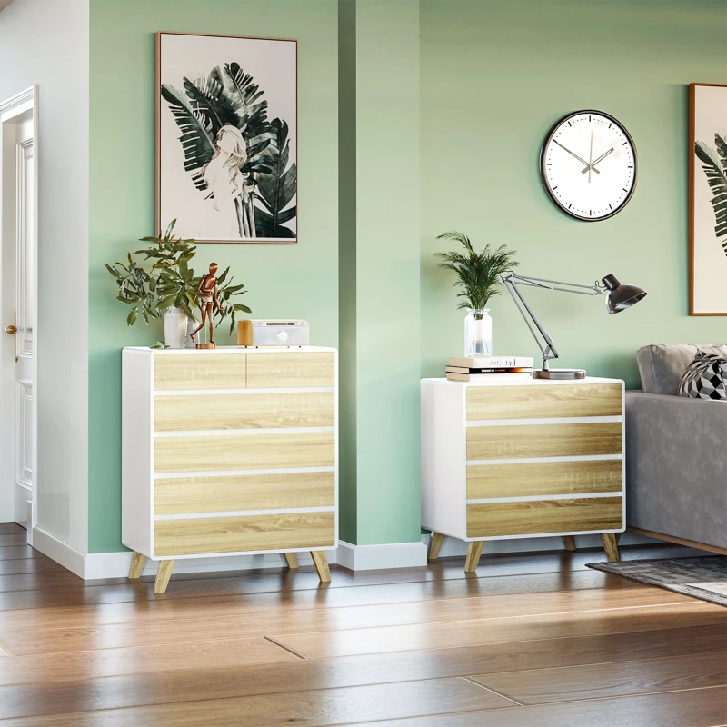 HOMCOM Kommode, Sideboard, 6 Schubladen, minimalistisches Design, weiß+holz, 80 x 40 x 95 cm