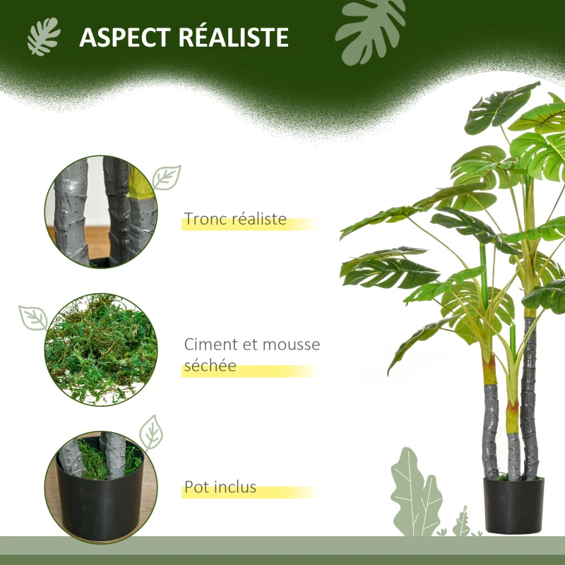 HOMCOM Arbre Artificiel Plante Artificielle Monstera H.1,2 m Tronc Branches Lichen Feuilles de Tortue Grand réalisme Pot Inclus