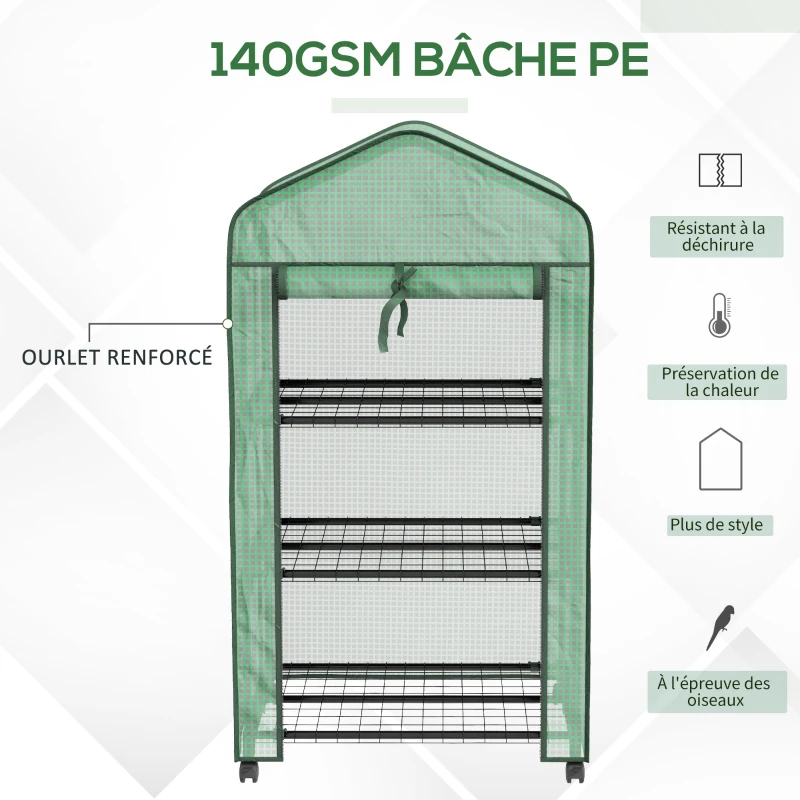 Outsunny Mini serre de jardin avec 3 étagères, bâche PE haute densité, porte enroulable, 4 roulettes, dim. 69L x 49l x 130H cm