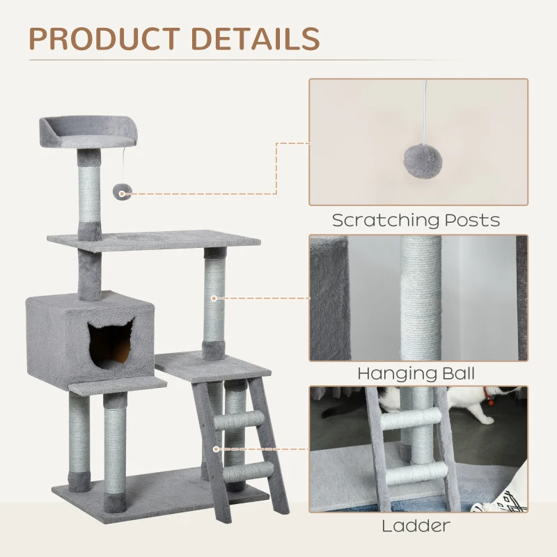 PawHut Multi-Level Cat Tree Tower for Indoor Cats Activity Center Climbing Frame Kitten House Furniture with Jute Scratching Posts Ladder Dangling Ball Toy Condo Perch Grey