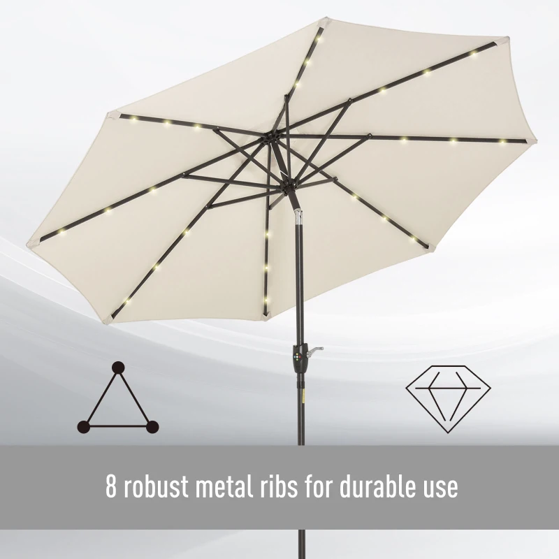 Outsunny Φ2.7m Garden 24 LED Light Parasol Solar Outdoor Tilt Sun Umbrella Patio Club Party Event Manual Sun Shade w/ Hand Crank and 8 Ribs, Off-white