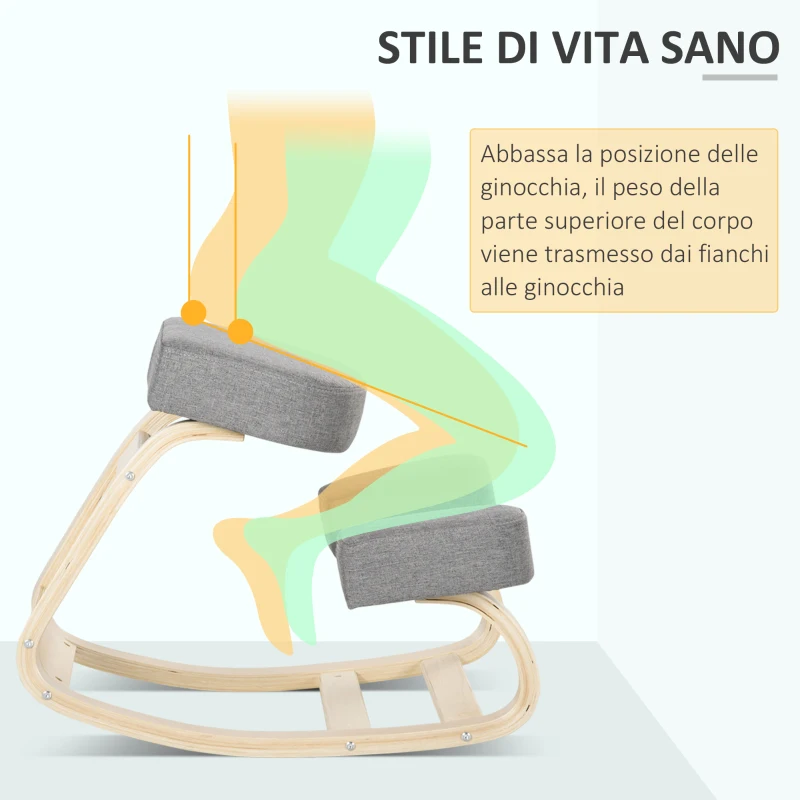 Vinsetto Sedia Inginocchiatoio Ergonomica in Legno di Betulla con Cuscino, 51x69x58 cm, Grigia