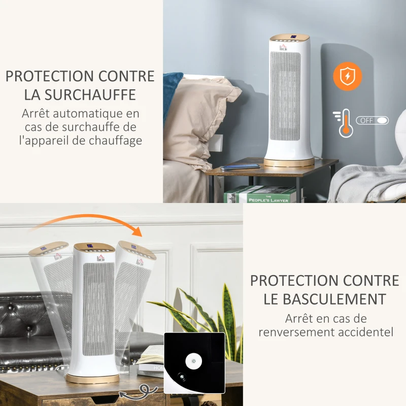 HOMCOM Chauffage d'appoint 1000W/2000W PTC chauffage électrique LED tactile 45° oscillation minuterie 8H télécommande blanc