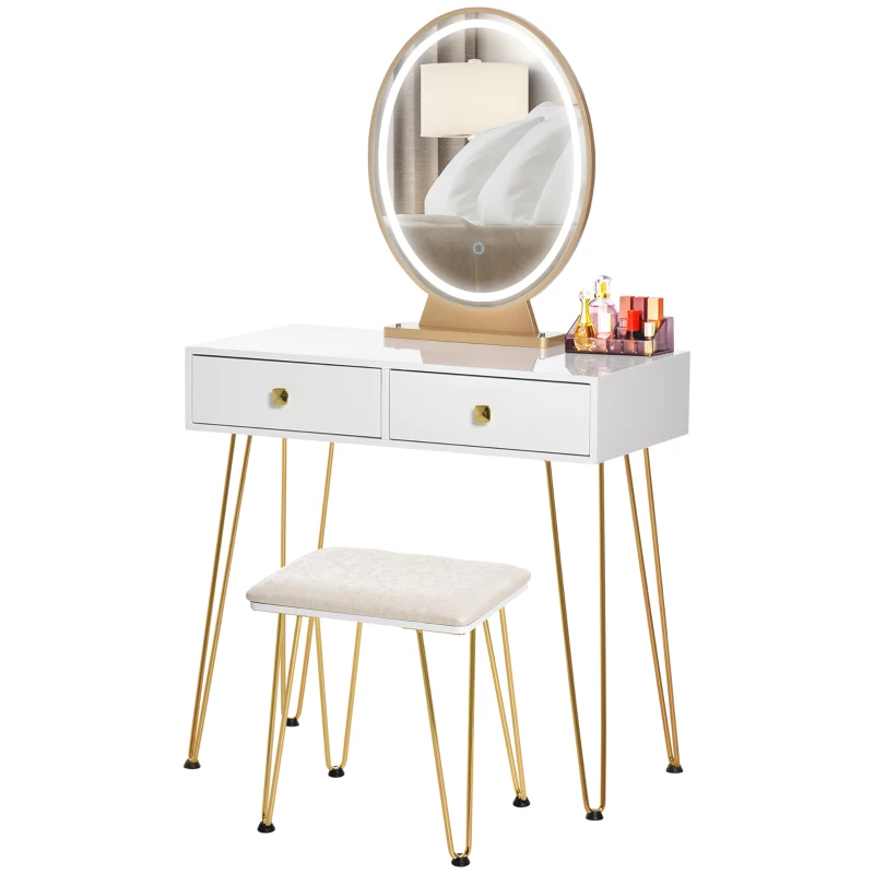 HOMCOM Dressing Table with LED Mirror and Cushioned Stool, Vanity Desk with Acrylic Lipstick Holder and 2 Drawers, Makeup Table for Bedroom, White