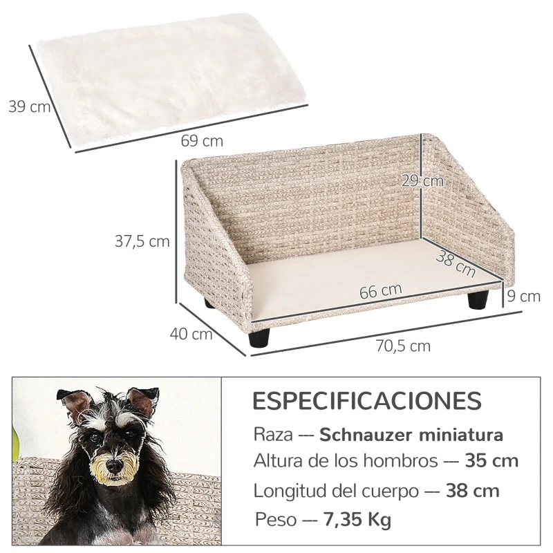 PawHut Sofá Cama de Ratán para Perros Cama Elevada para Mascotas Gatos con Cojín Suave y Lavable para Casa Interior 70,5x40x37,5 cm Beige Veteado