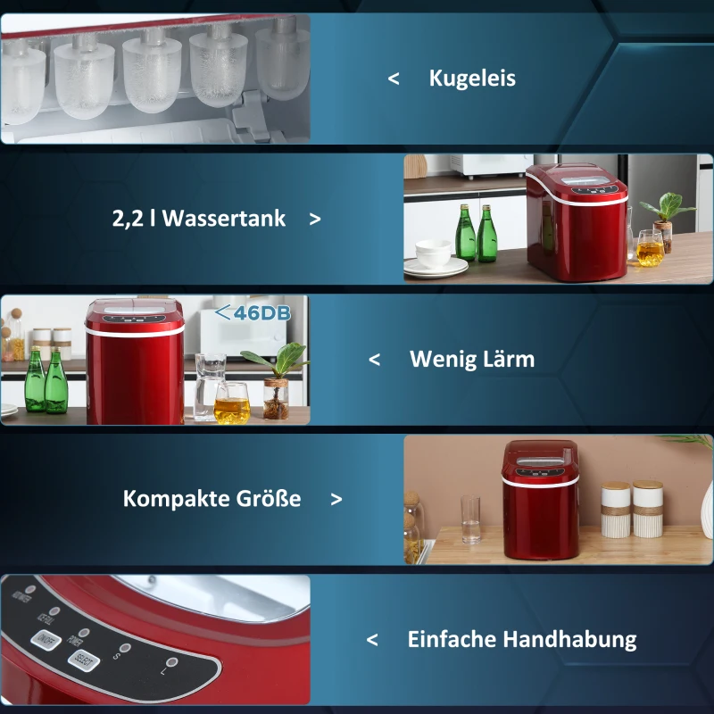 HOMCOM Eiswürfelmaschine, 2, 2 Liter, 12 kg in 24 h, Eiskugeln, selbstreinigend, inkl. Eiswanne + Eisschaufel, Rot