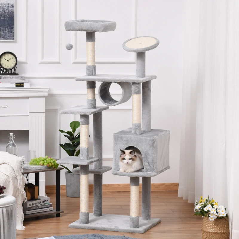 PawHut Albero Tiragraffi a Colonna da 165cm con Graffiatoio e Trespoli per Gattini e Gatti Adulti di Max. 4.5kg, Grigio, 60x50x165cm