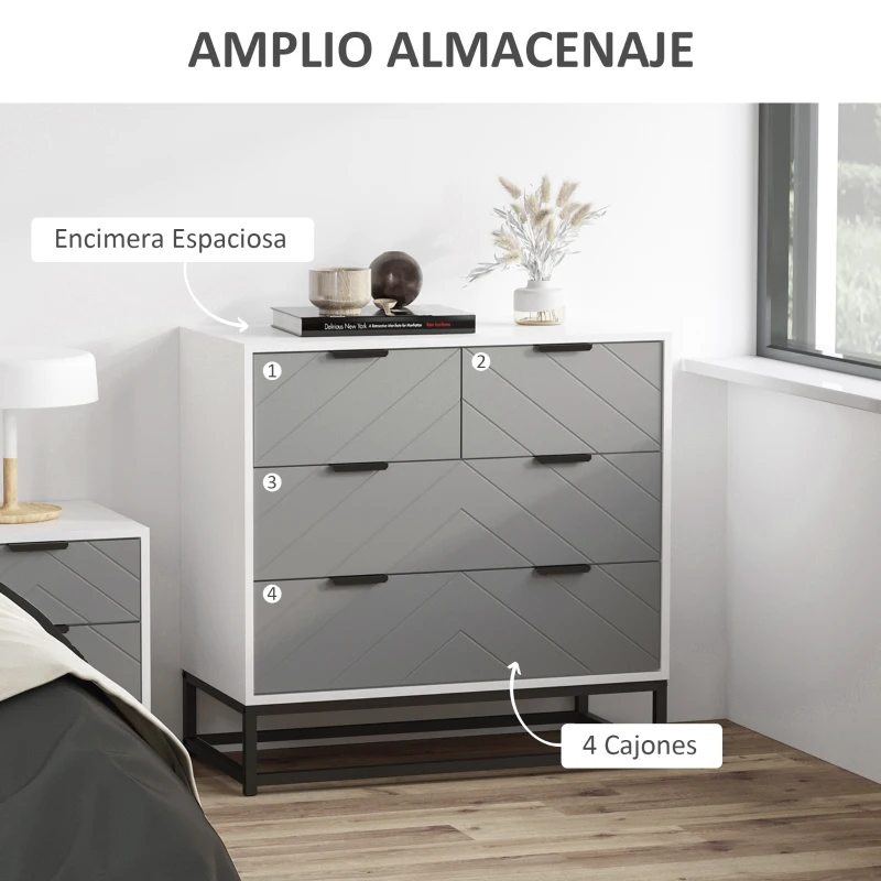 HOMCOM Cómoda de Noche Moderno Cajonera con 4 Cajones y Base Elevada para Dormitorio Salón 80x40x79 cm Blanco y Gris