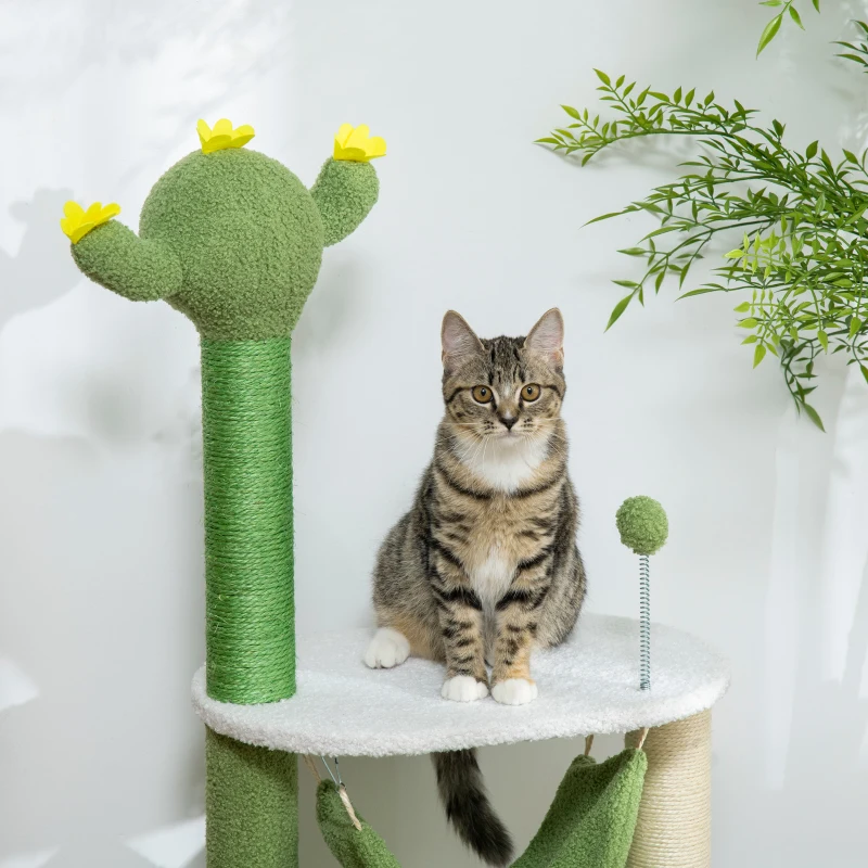 PawHut Árbol Rascador para Gatos con Forma de Cactus con Hamaca Plataforma Postes de Sisal y Bola 45x45x90 cm Verde