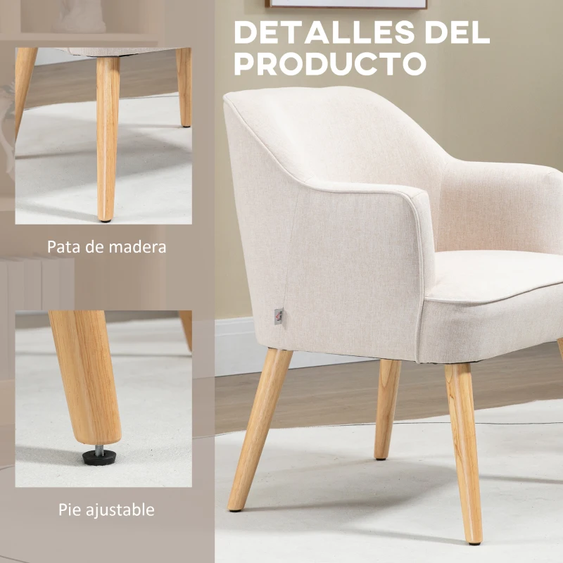 HOMCOM Butaca de Salón Moderna Sillón Tapizado en Lino Sintético Patas de Madera para Dormitorio Oficina 64,5x65x79,5 cm Crema