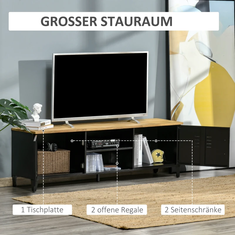 HOMCOM TV Schrank Fernsehschrank TV-Regal Fernsehtisch TV Lowboard Kommode für Fernseher bis zu 55" mit 2 Türen Regal für Wohnzimmer Schlafzimmer Metall Holz Schwarz 150 x 40 x 50 cm