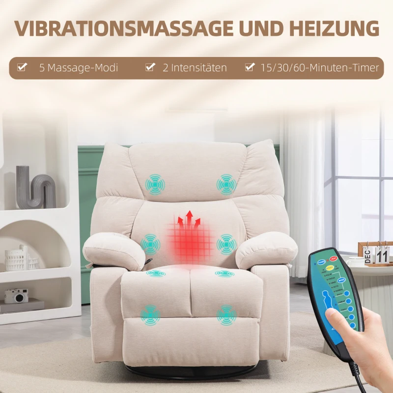 HOMCOM Massagesessel mit Wärme- & Liegefunktion, drehbar, bis 150 kg, Metallgestell, 98x90x98cm, Beige(m-4)