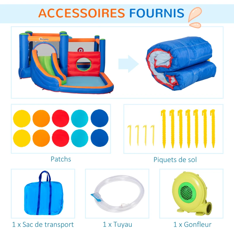 Outsunny Château gonflable aire de jeux jusqu'à 3 enfants 3-8 ans avec toboggan trampoline piscines souffleur 450W et sac de transport aquatique dim. 380L x 340l x 170H cm - multicolore